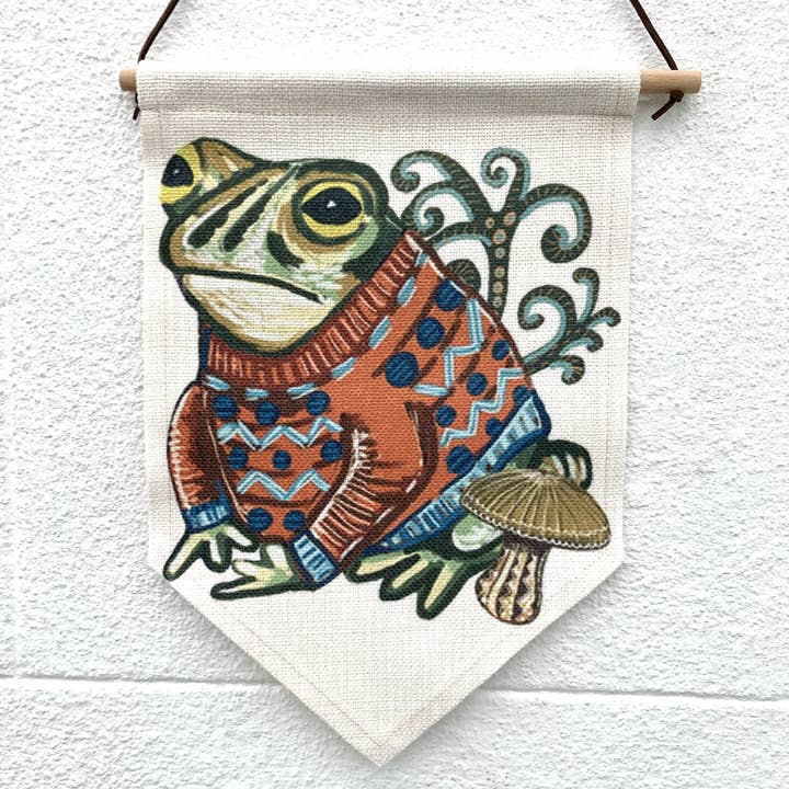 Toad in a Jumper Fabric Pennant, Toad Wall Art, Printed Art. for wholesale by Slumbermonkey Designs