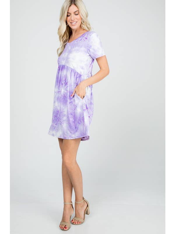 LILAC WHITE SD1195-22 TIE DYE BABY DOLL DRESS WITH SIDE POCKET for wholesale on Faire