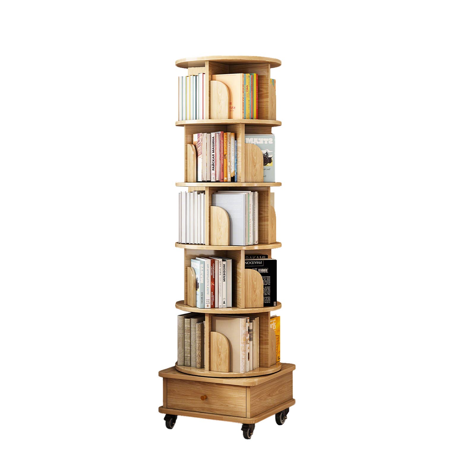 39F Inc. - Wholesale Bookcase - 5/6-Tier 360° Rotating Bookshelf with Drawer, White/Wood21