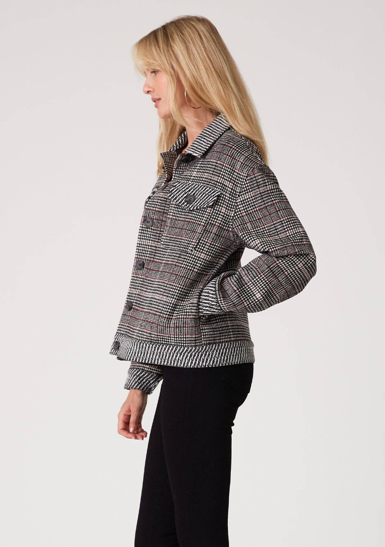 Wine Blk Patchwork Plaid Button Front Collared Jacket for wholesale on Faire1