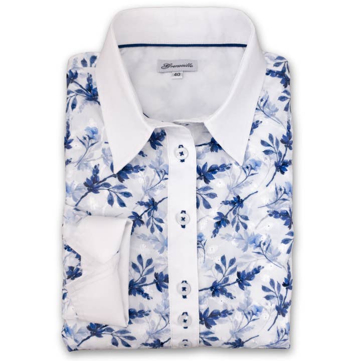 Salamander Shirts Ltd - Wholesale Button Down Shirt - Women's - Grenouille Long Sleeve Blue Floral Embroidered Darted Shirt