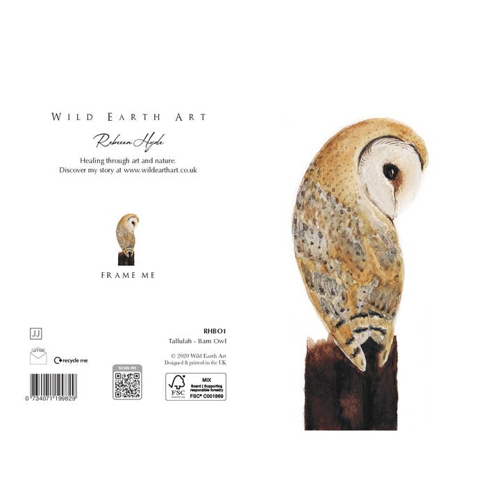 Tallulah Barn Owl Grußkarte, Aquarell, von Rebecca Hyde für den Großhandel von Wild Earth Art
