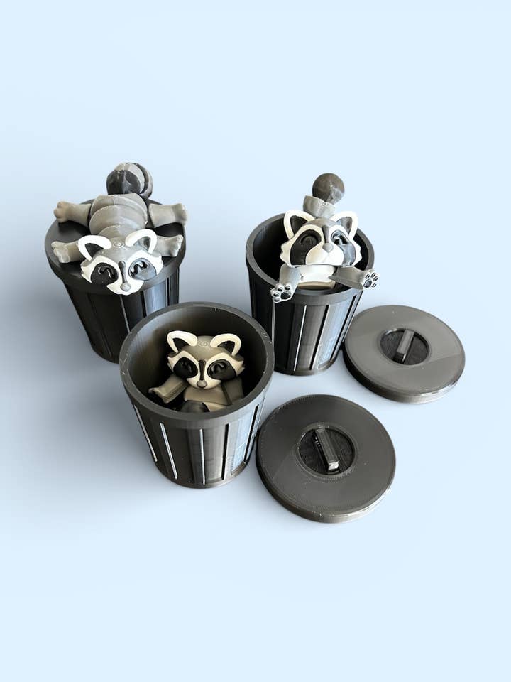Racoon and Trash Can Trash Panda set 3D printed fidget toy for wholesale by 3D in Paradise