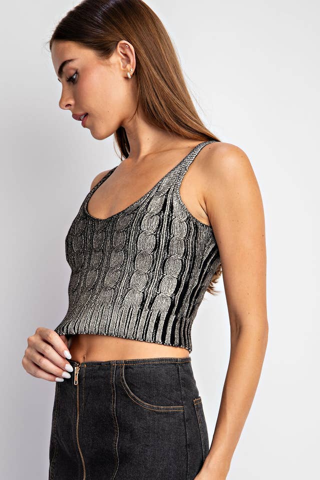 Black Gold TT4119 METALLIC FOIL SWEATER CAMI CROP TOP for wholesale on Faire1