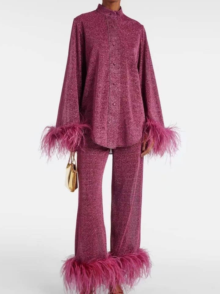 safistyle - Wholesale Top & Pant Set (NOT Loungewear) - Women's - Feather Collar Top with Casual Pants Set5