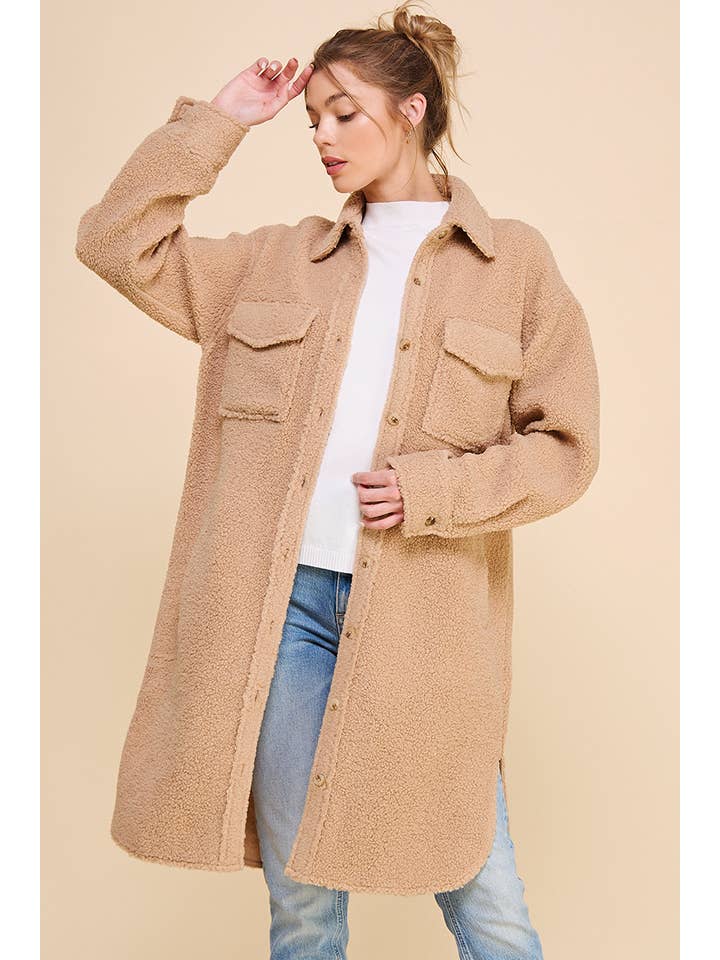 Dusty Rose Long Sherpa Shacket with Pockets for wholesale on Faire