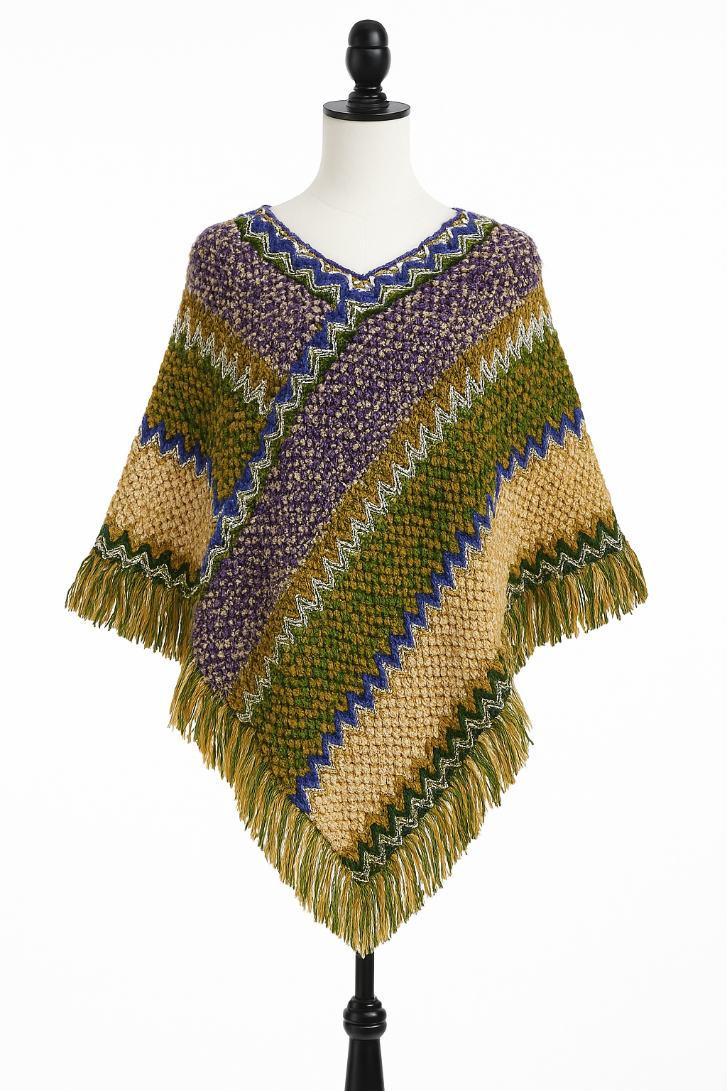 Fennco Styles - Wholesale Poncho - Women's - Green Striped Knit Tassel Pullover Poncho Sweater1