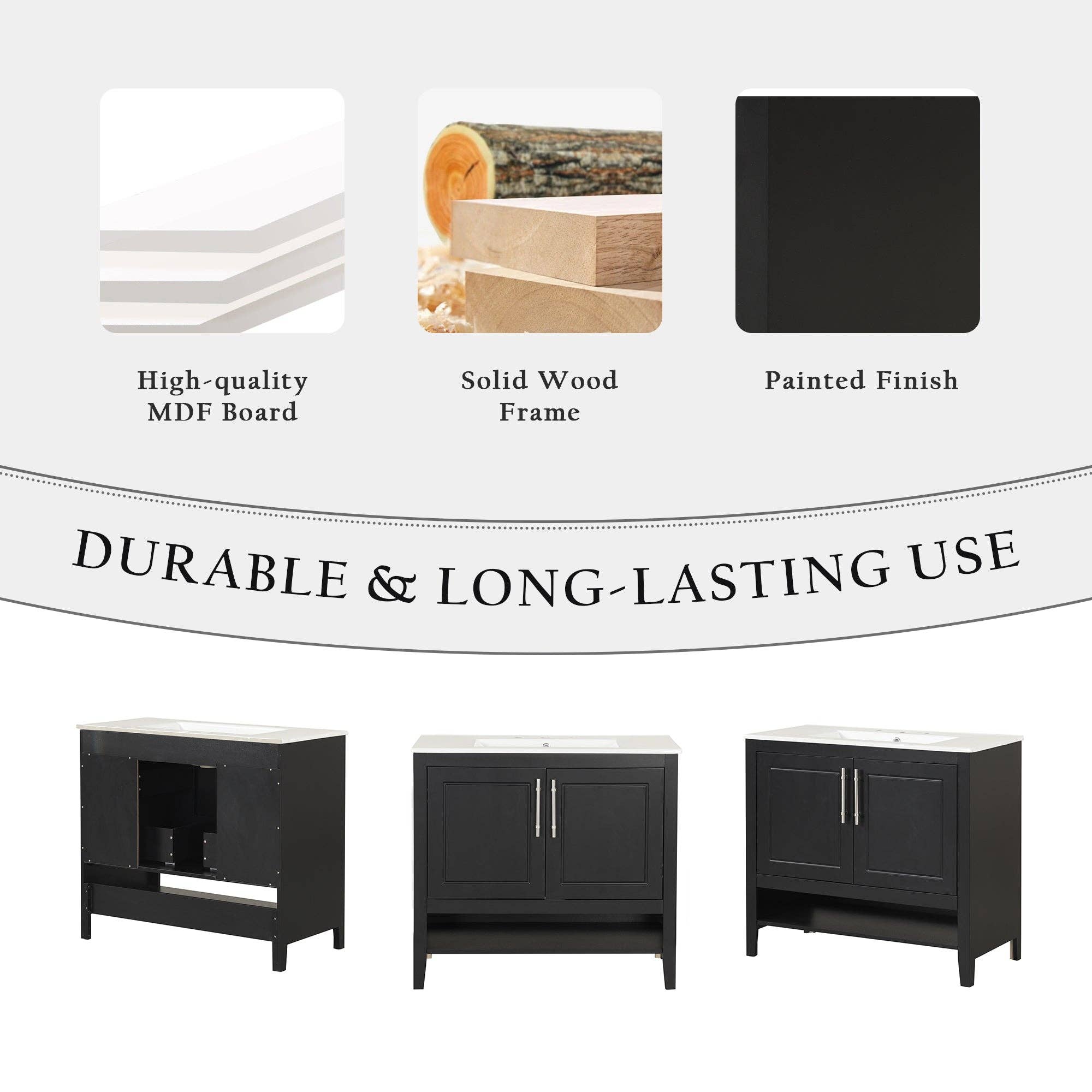 Orange County Decor - Wholesale Cabinet - 36" Bathroom Vanity With Sink, Multi Functional Bathroom Cabinet With Doors And Drawers, Mdf Frame And Mdf Board, Black Black Solid Wood Mdf14