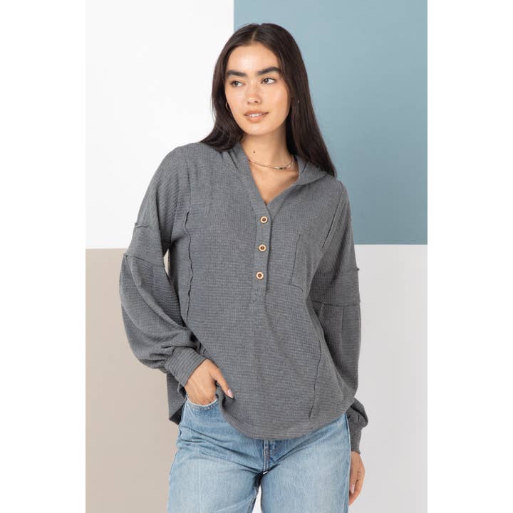 Raw Edge Detail Hooded Knit Henley Top for wholesale by Apolline