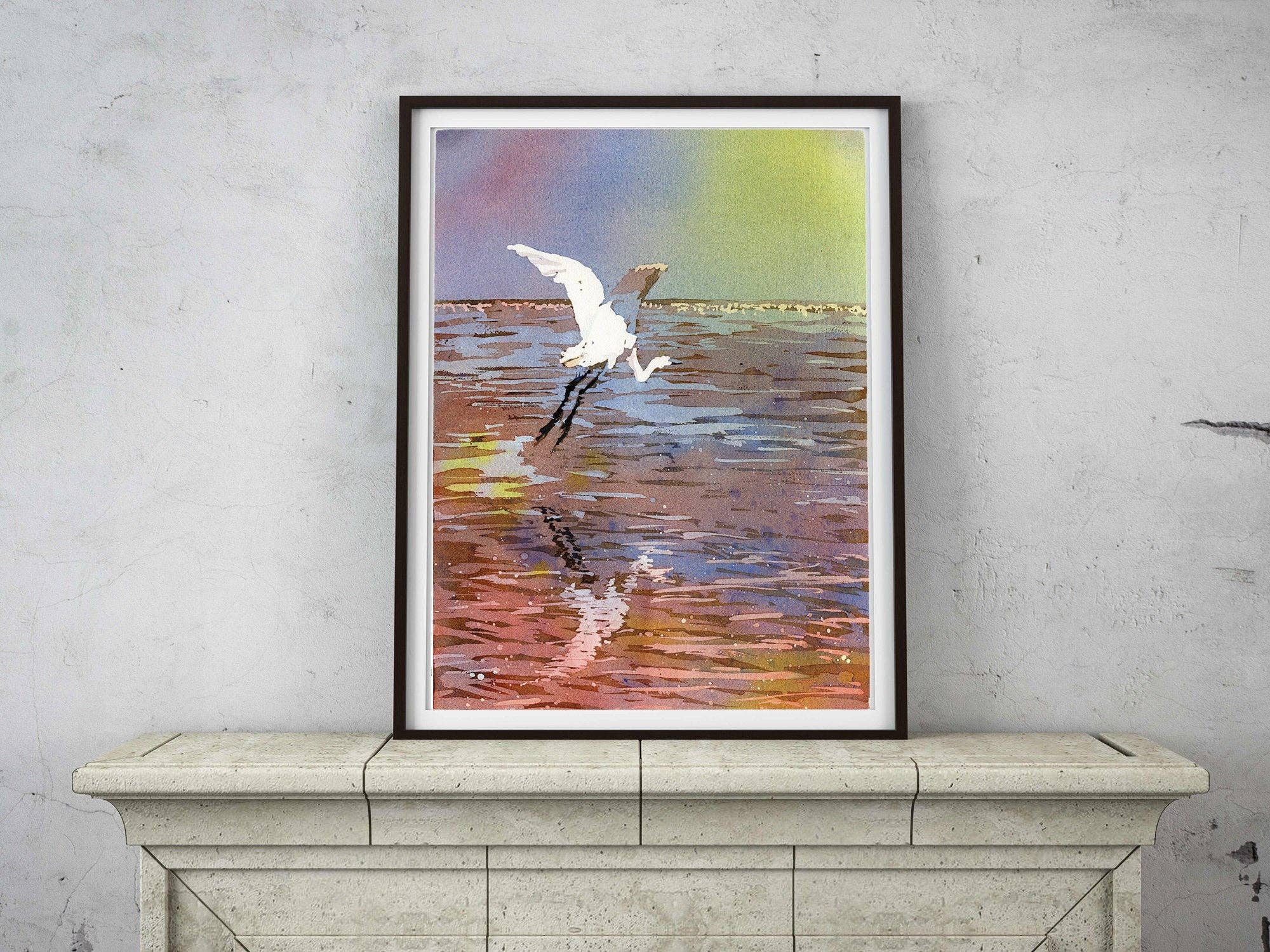 Ryan Fox Fine Art - Wholesale Art Print - Jamaican crane flying over water in Montego Bay.  Watercolor painting crane art bird Jamaica Montego Bay ocean artwork crane colorful art (print)2
