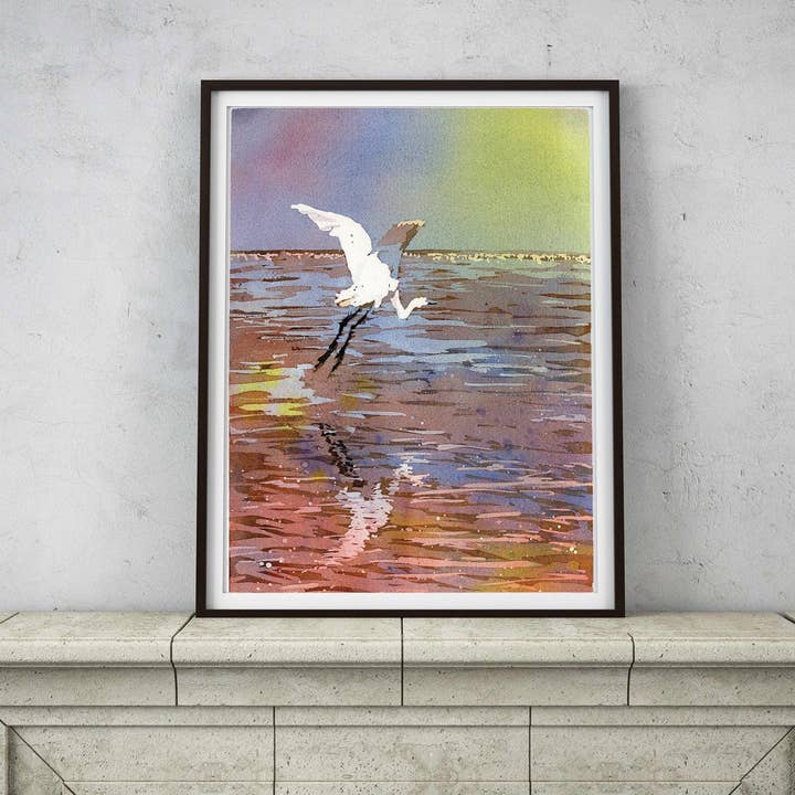 Ryan Fox Fine Art - Wholesale Art Print - Jamaican crane flying over water in Montego Bay. Watercolor painting crane art bird Jamaica Montego Bay ocean artwork crane colorful art (print)2
