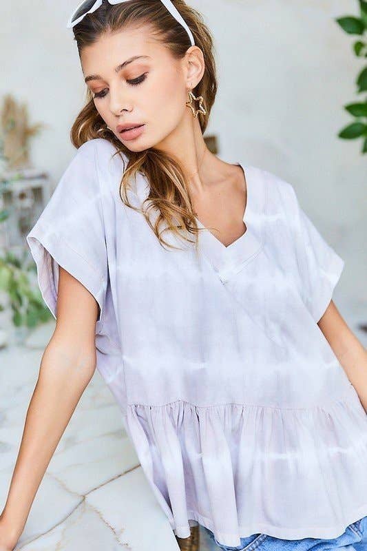 GREY V Neck Drop Shoulder Baby Doll Tie-Dye Top for wholesale on Faire4