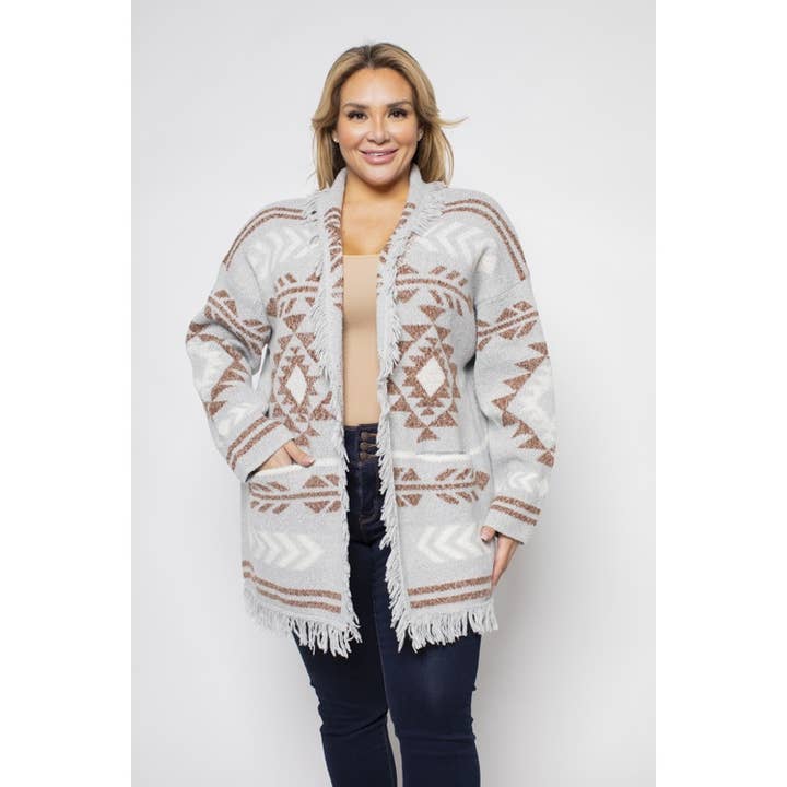 Curve Market - Wholesale Cardigan - Women's - PLUS SIZE BOHO AZTEC FRINGE SWEATER CARDIGAN