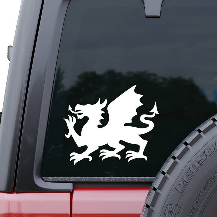 Welsh Dragon Vinyl Car Window Decal (White, Packaged) for wholesale by Coastal Creators of Connecticut