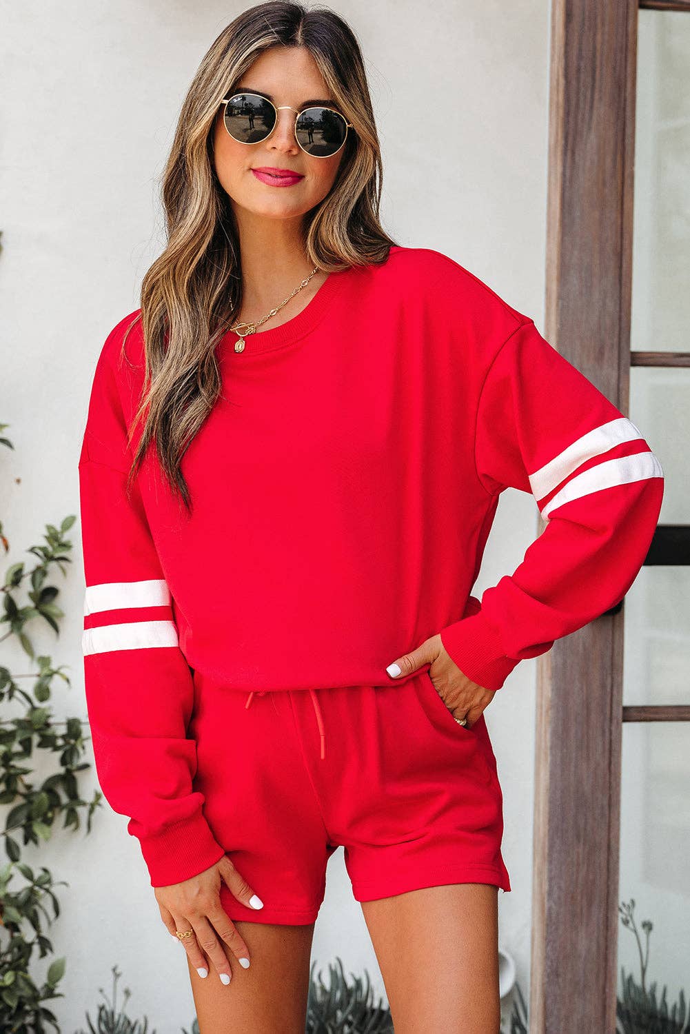 Fiery Red Varsity Striped Sleeve Drop Shoulder Sweatshirt and Short Set for wholesale on Faire0