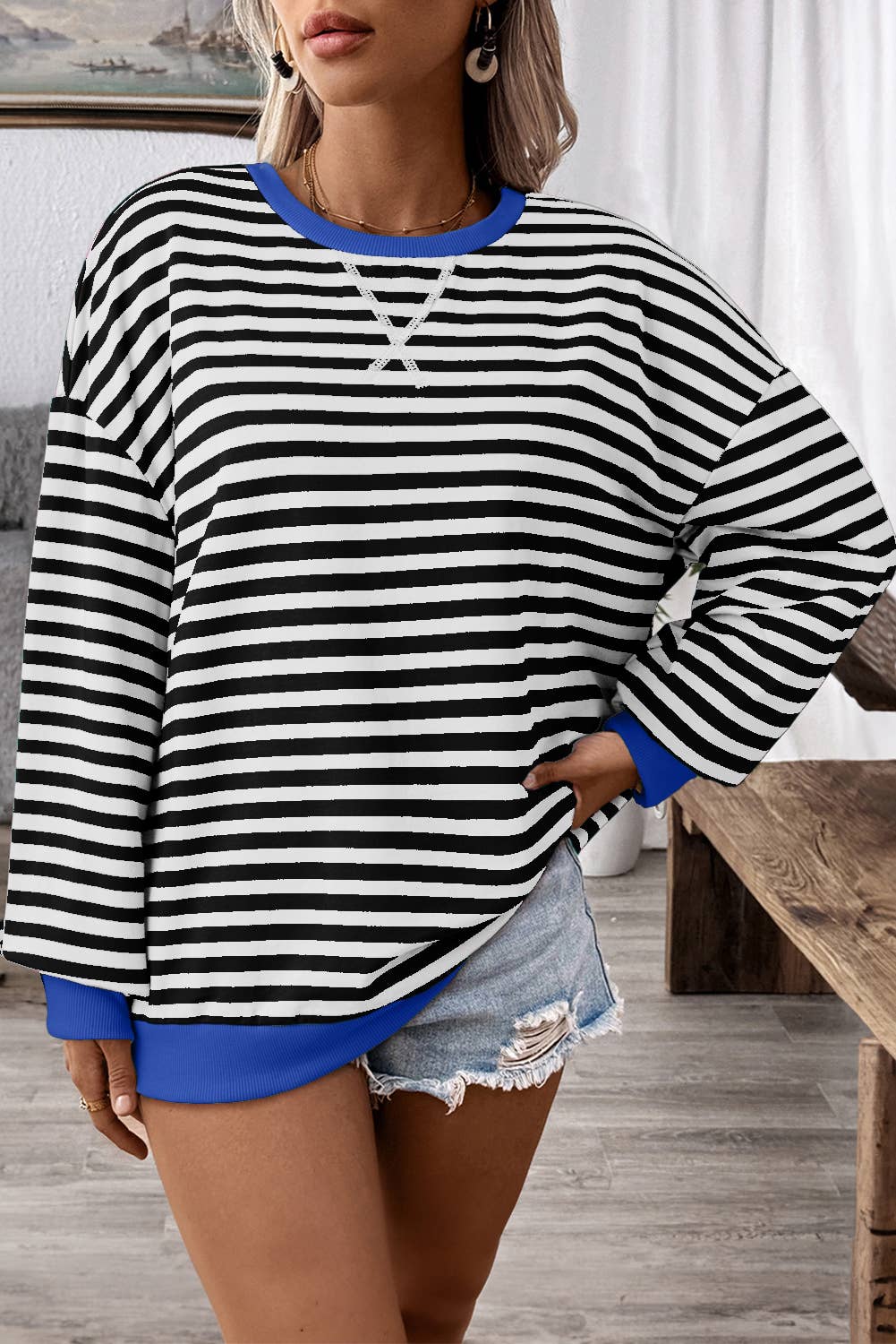1 the Woman - Wholesale Sweatshirt - Women's - Stripe Oversized Contrast Trim Pullover Sweatshirt1
