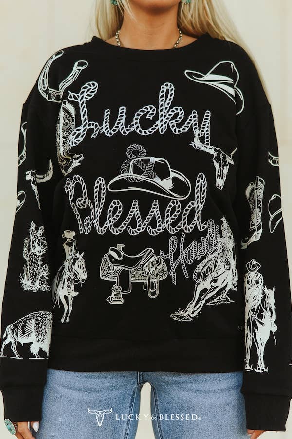 LUCKY & BLESSED - Wholesale Sweatshirt - Women's - Black Lucky & Blessed Western Sweatshirt1