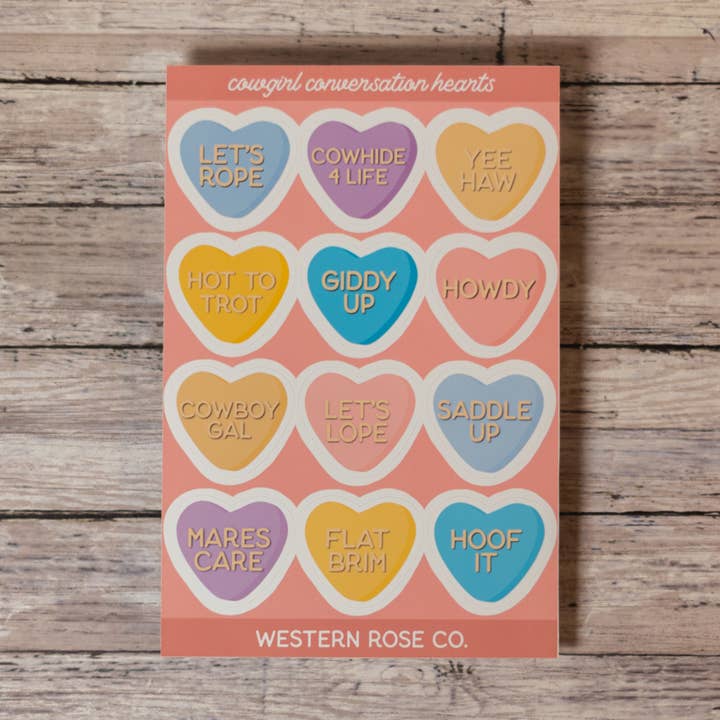 Cowgirl Conversation Hearts Valentine Sticker Sheet for wholesale by Western Rose Studios