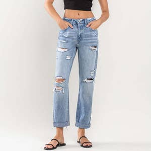 Black Drawstring-Waist Cuffed Ripped Boyfriend Jeans – Lookbook Store