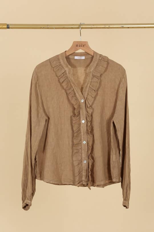 NAÏS PARIS – wholesale Tröja med knappar – Dam – Skjorta med krage och volangdetaljer i 100 % linne4