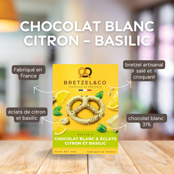 Bretzel&Co - Vente Friandises enrobées de chocolat - Bretzel Chocolat blanc - citron basilic