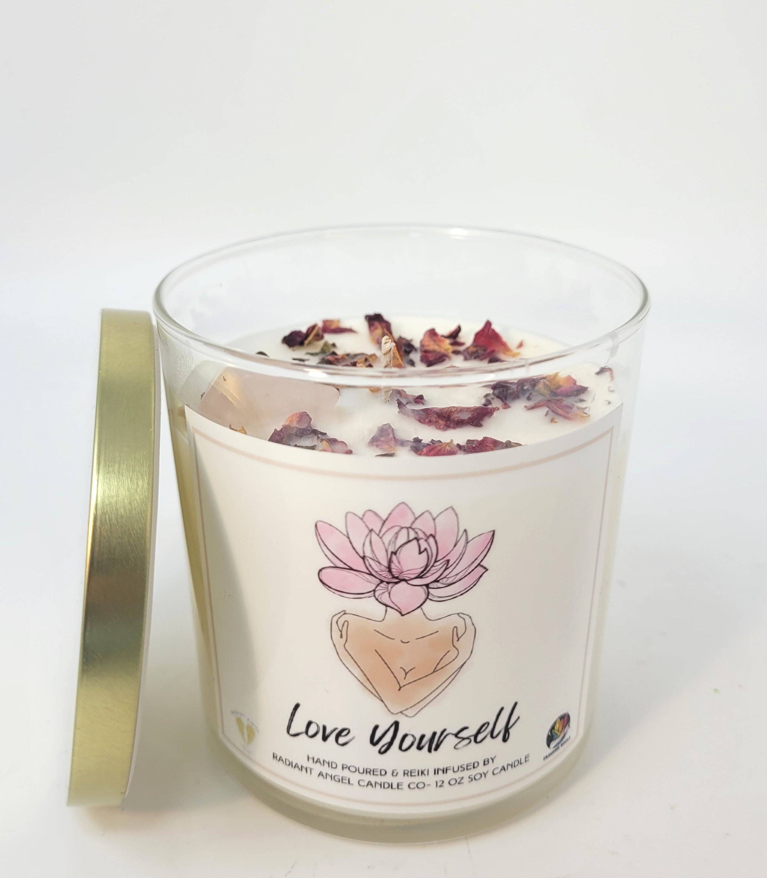 Radiant Angel Candle Co - Venta al por mayor Velas en tarros - Vela Love Yourself con cuarzo rosa en tarro de soja de 12 onzas2