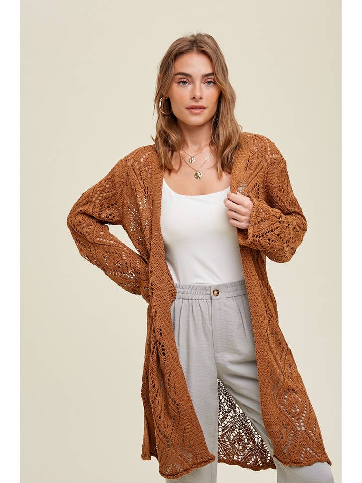 CROCHET MAXI CARDIGAN WITH SIDE SLITS / WL23-8311 for wholesale by Wishlist Apparel