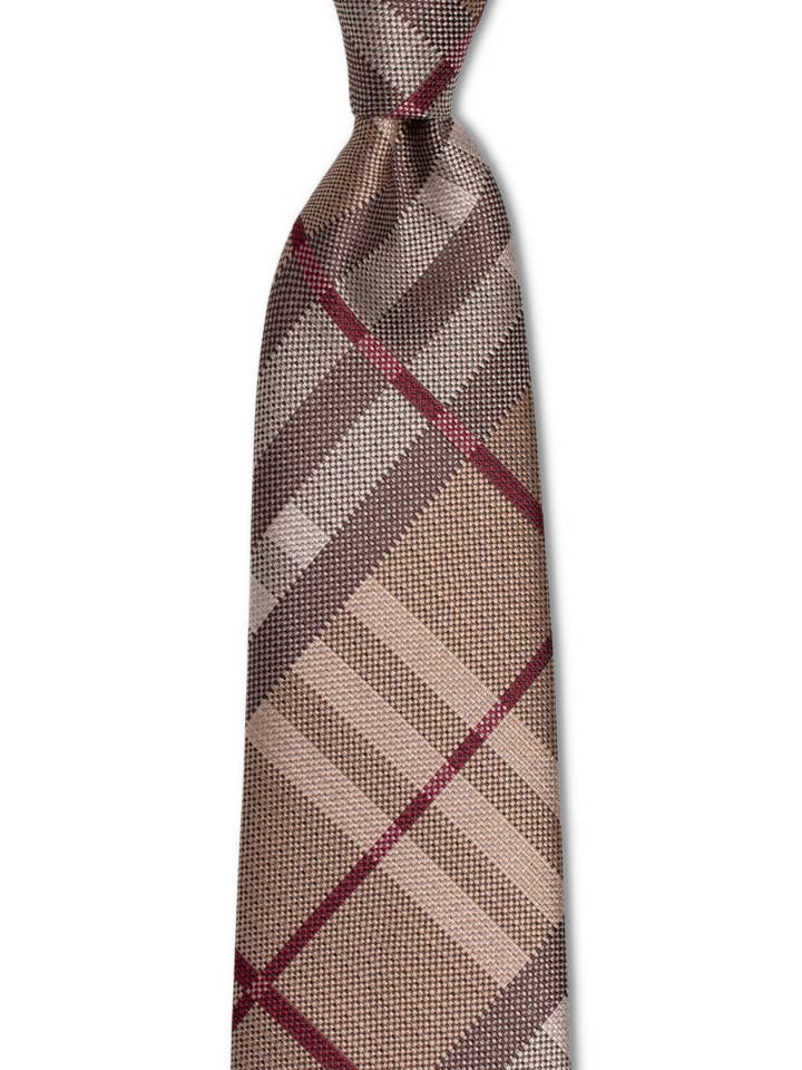Light Tan Maroon Plaid Tie for wholesale by GoTie