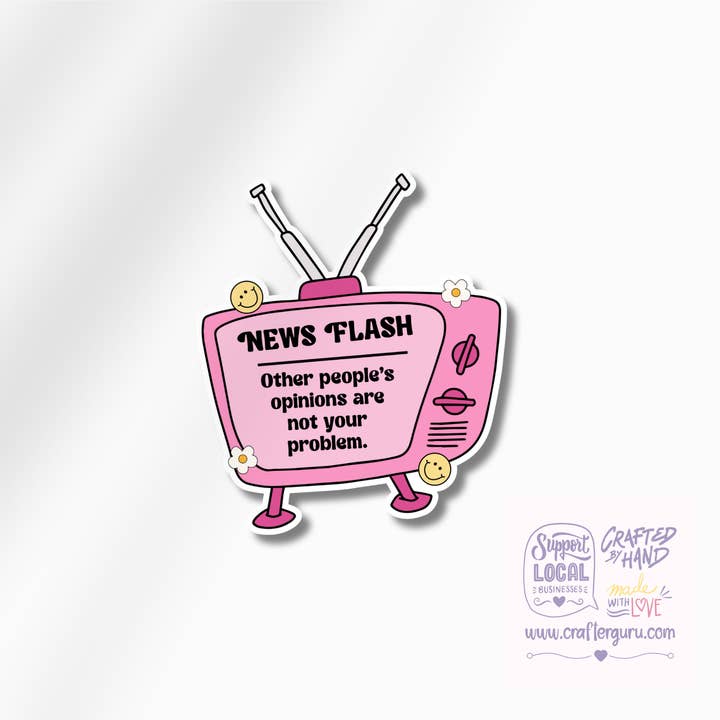 News Flash Retro TV Sticker | Mental Health Quote Decal | Funny Positivity Vinyl Sticker | Aesthetic Pink Laptop Decal | STK-015 for wholesale by Crafter Guru Shop