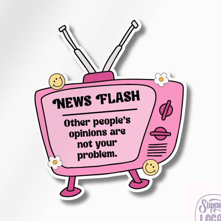 News Flash Retro TV Sticker | Mental Health Quote Decal | Funny Positivity Vinyl Sticker | Aesthetic Pink Laptop Decal | STK-015 for wholesale by Crafter Guru Shop