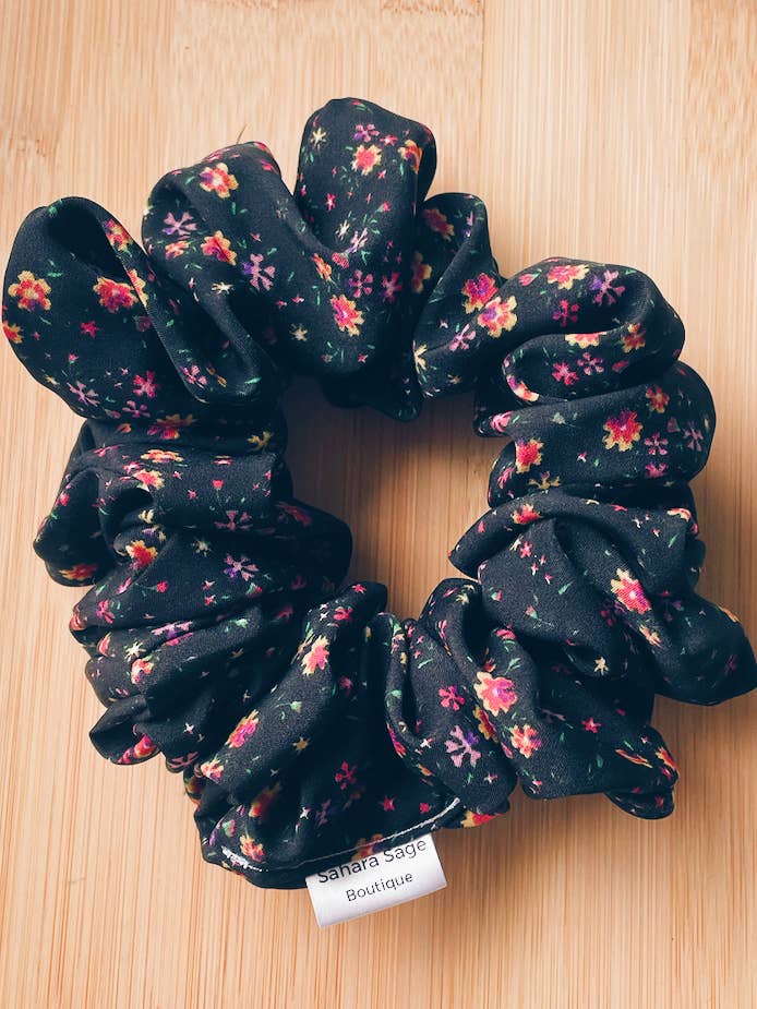 Black Ditsy Floral Fall Scrunchie, Fall Handmade Scrunchy for wholesale by Sahara Sage Boutique