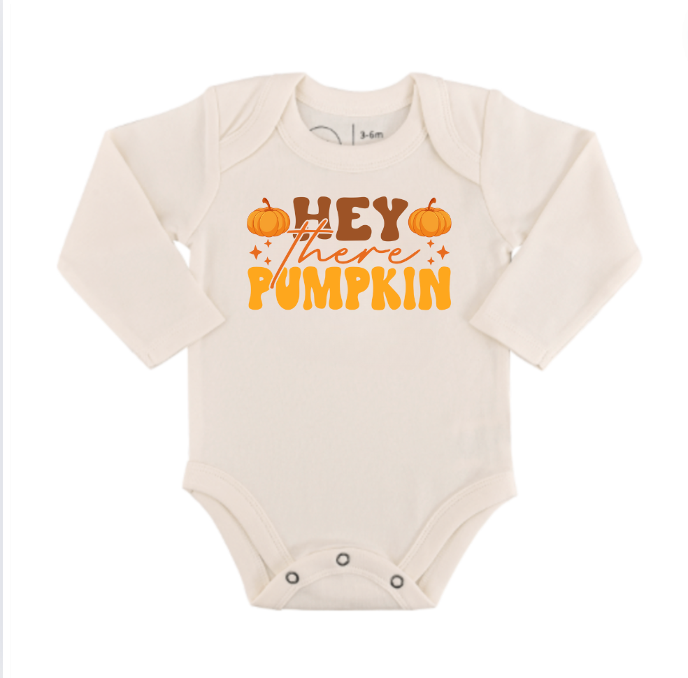 Default Fall graphic organic onesie| hey there pumpkin (long sleeve) for wholesale on Faire2