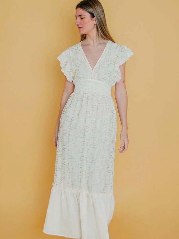 Vestido bege Greta com mangas babadas por atacado de Lula Natura