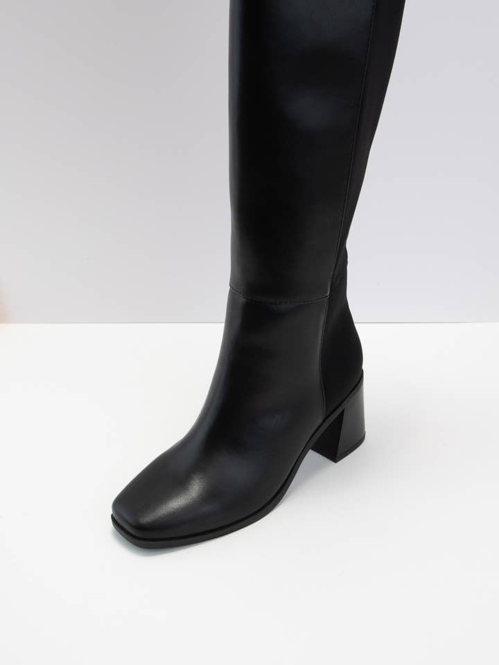 BLACK PU DAHLIA ELASTIC CALF TALL BOOTS WITH STACKED HEEL for wholesale on Faire