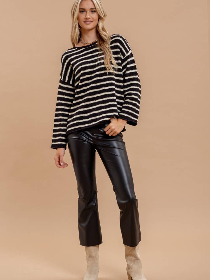 Blu Pepper - Wholesale Knit Sweater - Women's - STRIPE BOAT NECK DROP SHOULDER KNIT SWEATER