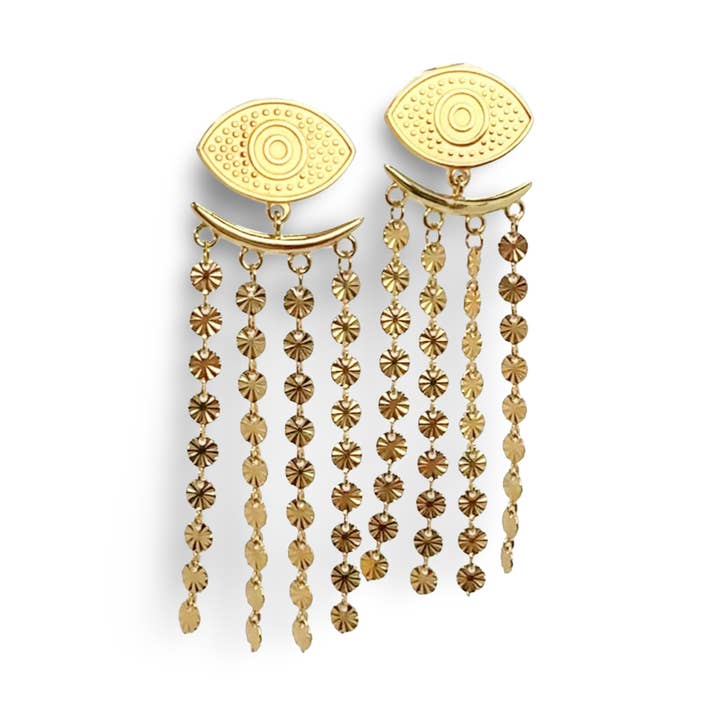 Cleo Evil Eye Tassel Earrings for wholesale by Jagged Halo Jewelry
