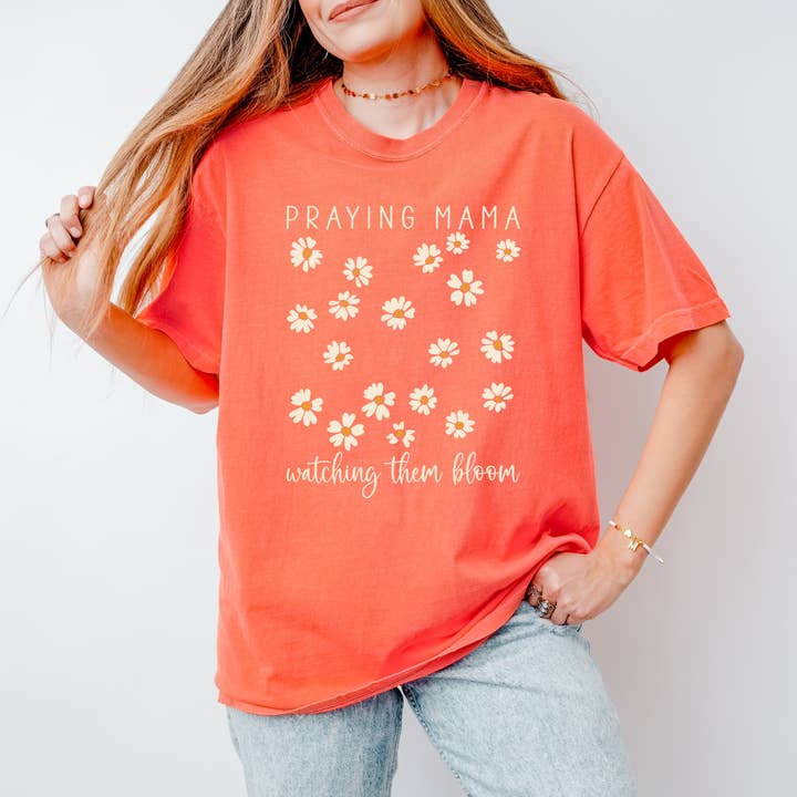 Scripted Pearl - Wholesale Screen Printed T-Shirt - Women's - Praying Mama Watching Them Bloom Daisies Comfort Colors Tee15