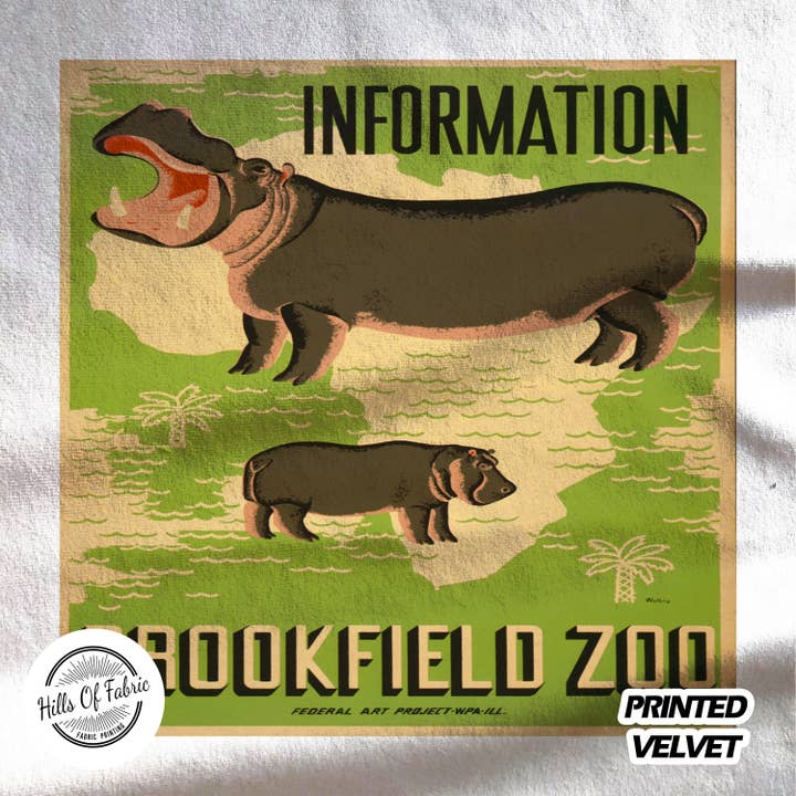 Brookfield Zoo Information Hippos Printed Fabric Panel for wholesale by Hills Of Fabric