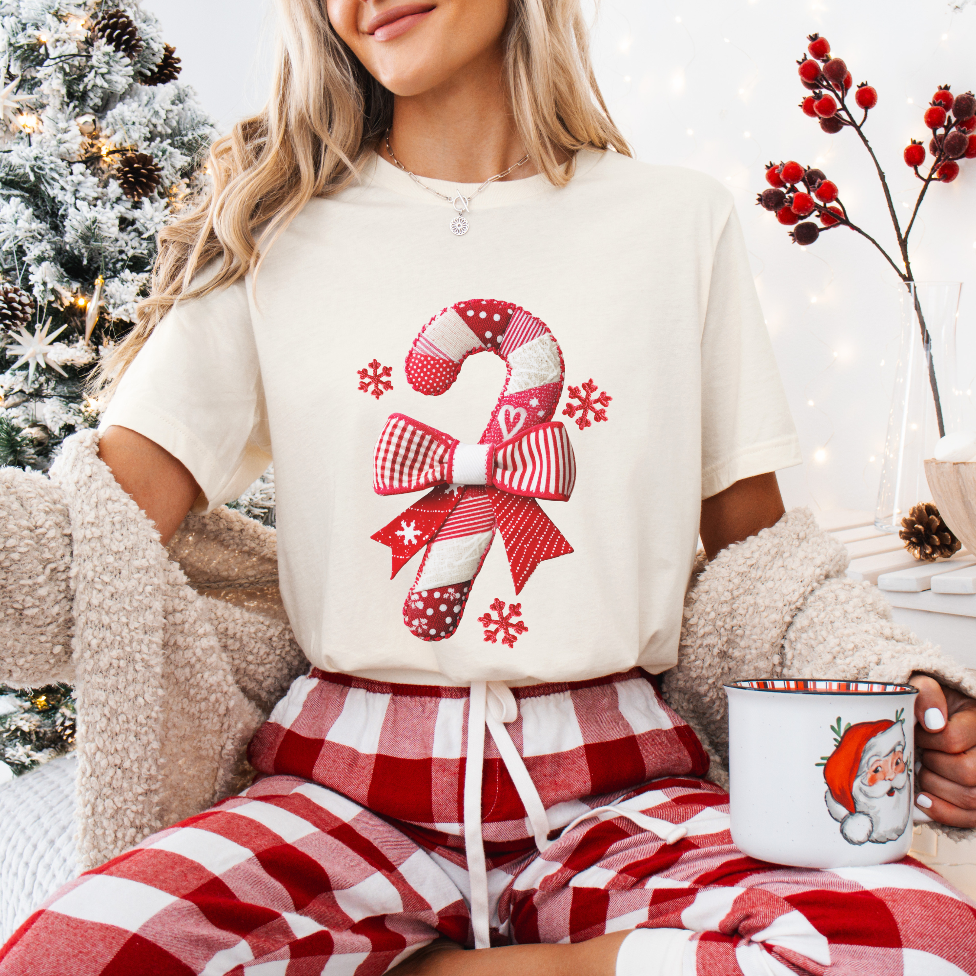 Trendznmore - Modern Graphic Apparel - Wholesale T-Shirt (Graphic) - Women's - Candy Cane Patchwork Christmas Tee, Merry Christmas T-shirts3