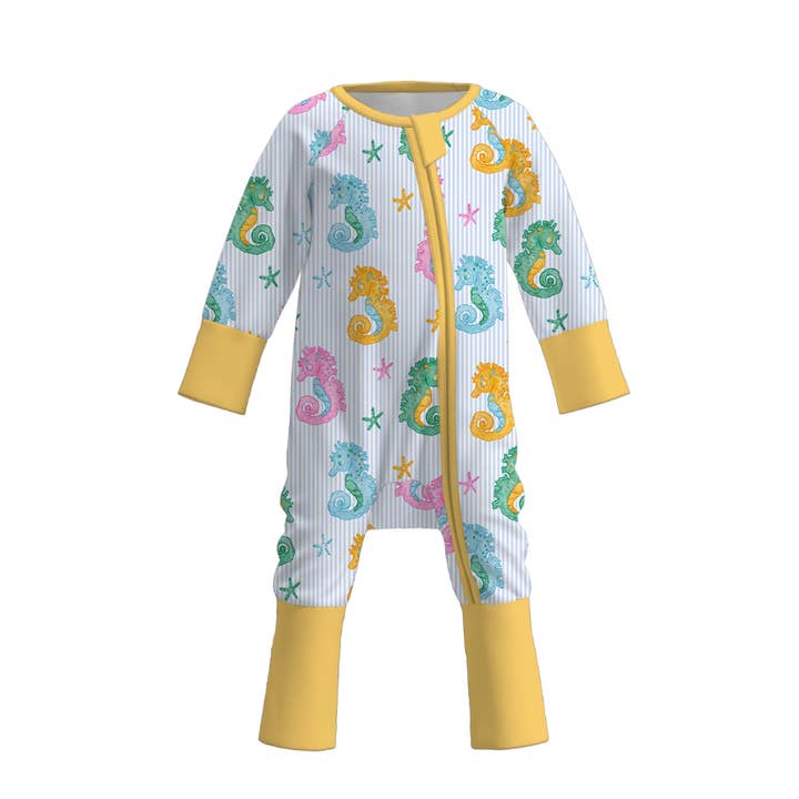 Baby Girls Yellow Seahorse Zipper Soft Pajama Romper for wholesale by Auraquise
