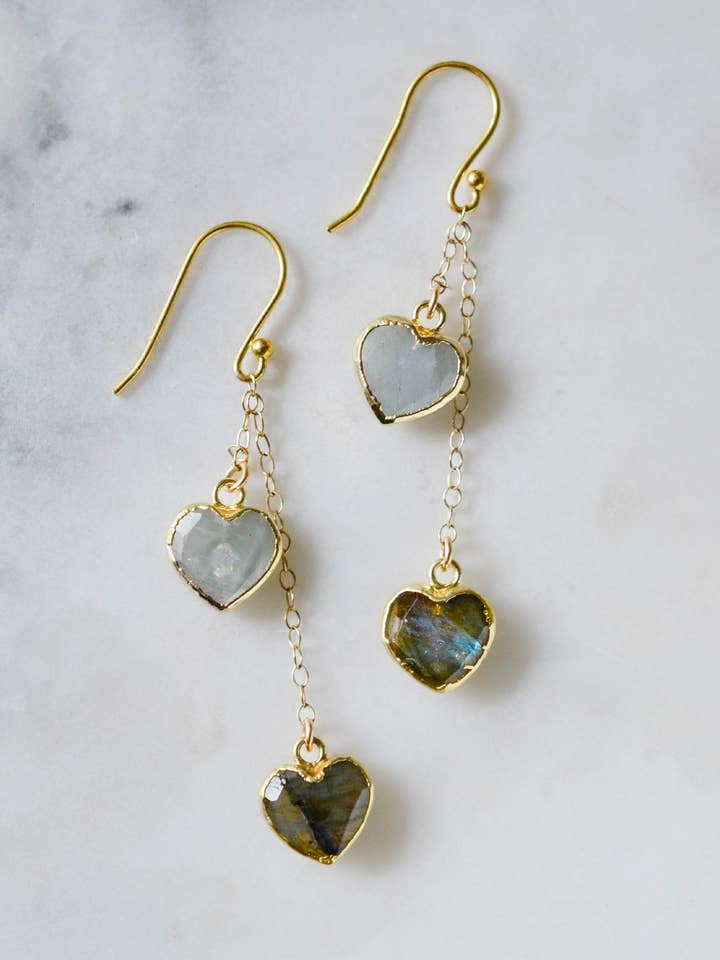 Duo Hearts Earrings: Labradorite & Aquamarine for wholesale by GEMNIA