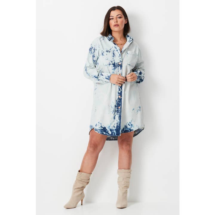 Abito a camicia in denim Shibori - Bianco per la vendita all'ingrosso da parte di 17 Sundays