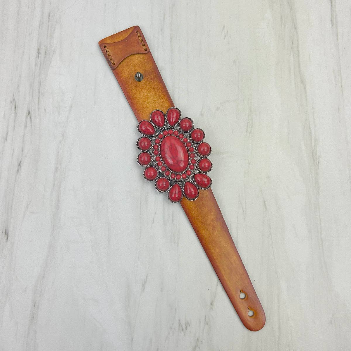 Western Elite Jewelry – Großhandel Armreif – NKZ231226-14 Braunes Lederarmband mit großem ovalem Concho-Armband aus blauem türkisfarbenem Stein5