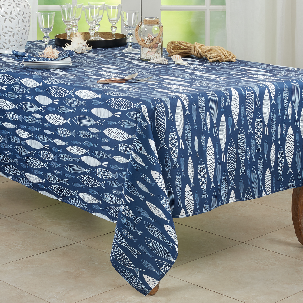 Fennco Styles – wholesale Tablecloth – Unique Fish Navy Blue Tablecloth2