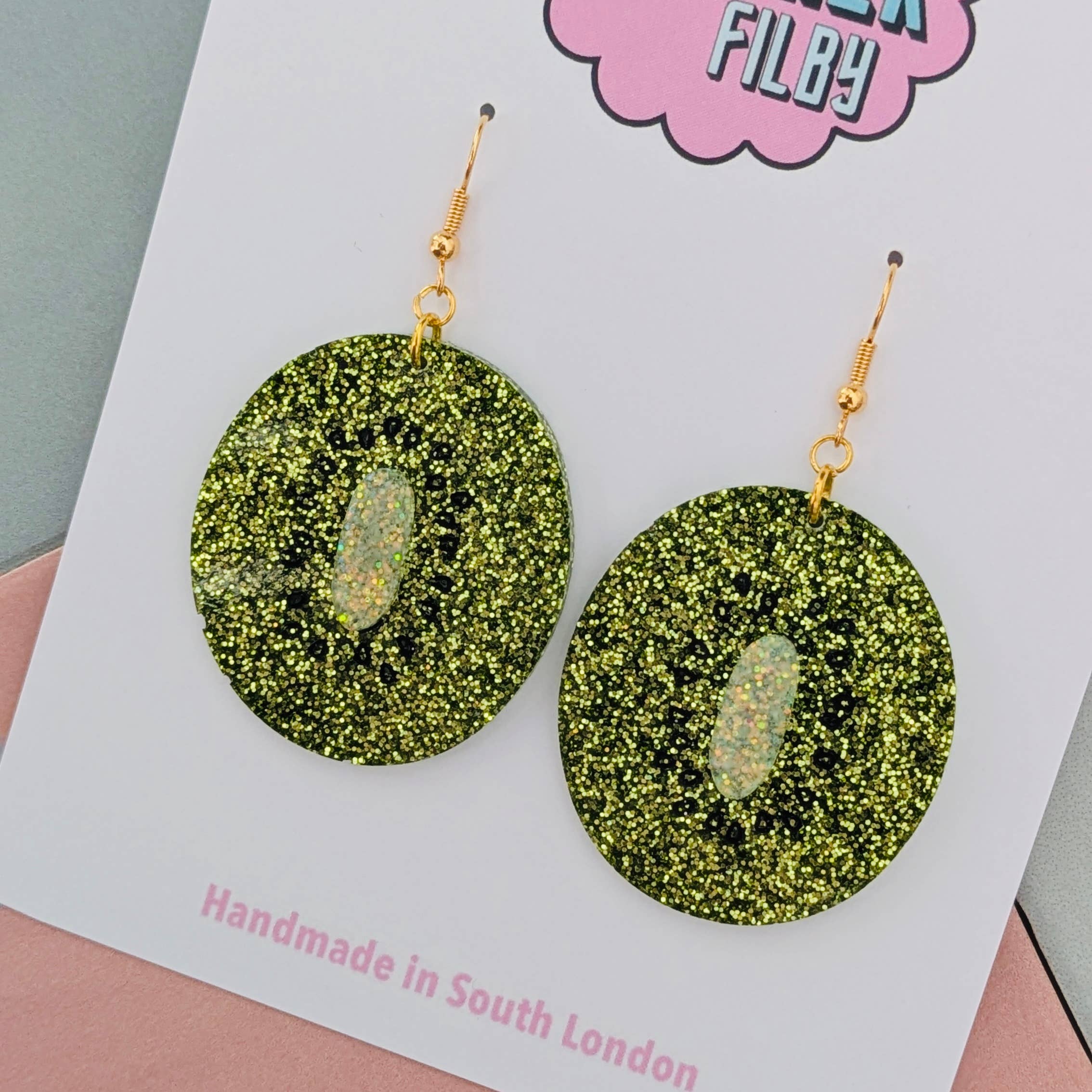 By Heather Filby - Wholesale Hangende/ronde oorbellen - Kiwi Glitter Hars Oorbellen2