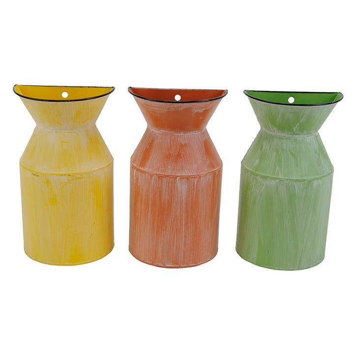 Metal Milkcan Wall Pocket, 3 assorted colors - 11.25" for wholesale by Will's Company