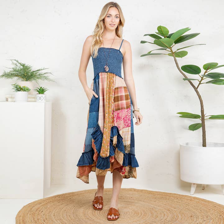 Young Threads - Wholesale Dress - Women's - Ruffled Midi Dress with Denim Inserts