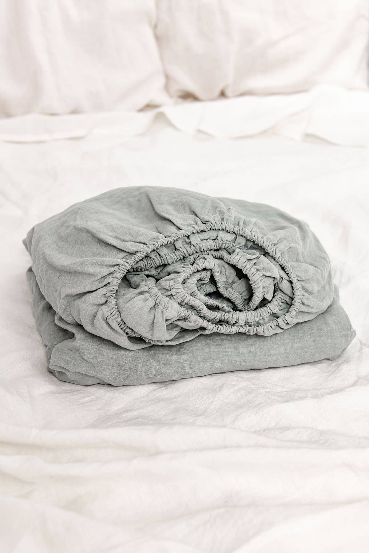 Linen fitted sheet in Sage Green for wholesale on Faire1