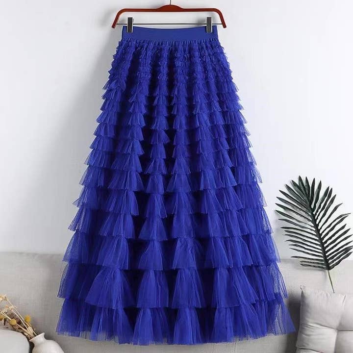 FurDecoration - Wholesale Skirt – Women’s - Solid Color Organza Ruffle Hem Midi Skirt