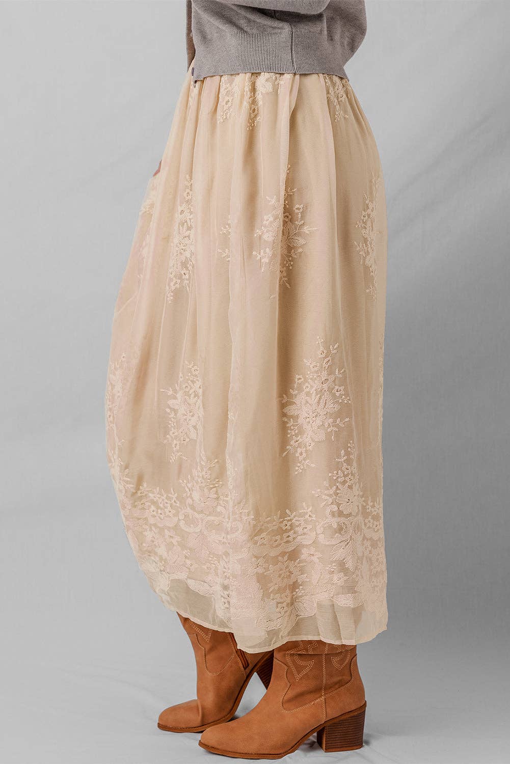 Oatmeal Embroidered Mesh Overlay Flowy Long Skirt for wholesale on Faire2